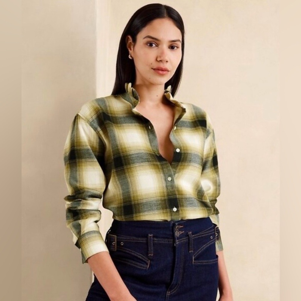 NWOT Banana Republic Women's Ruffle Neck Collar Green Plaid Wool Flannel Shirt‎